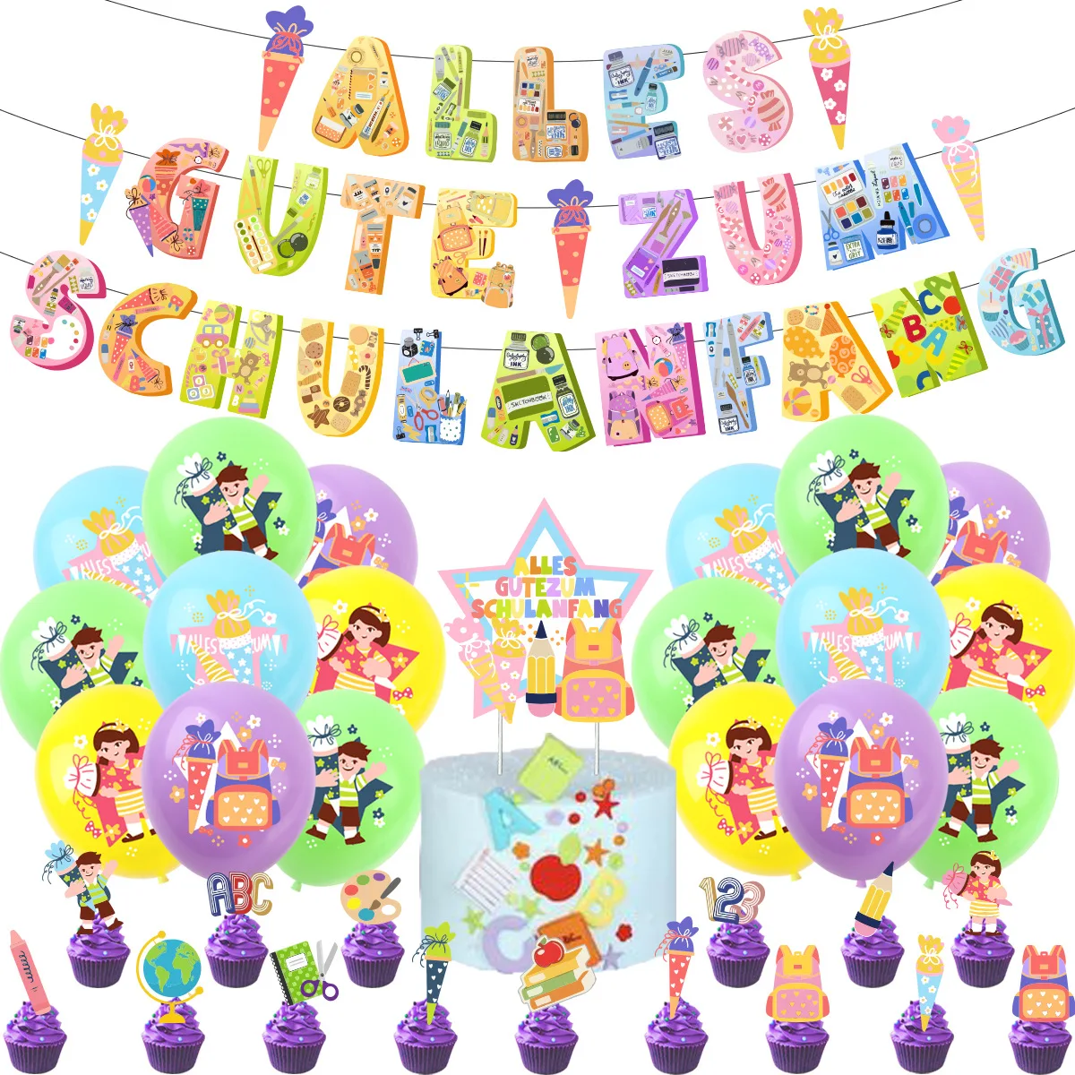 

1Set German Back To School Party Decorations Welcome Back To School Cake Topper Pull Flags Banner ABC School Latex Balloons