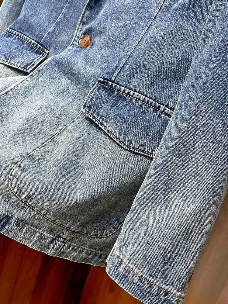 New heavy washing gradually changing color classic Xiaoping lapel collar design fashion fashion style denim single suit