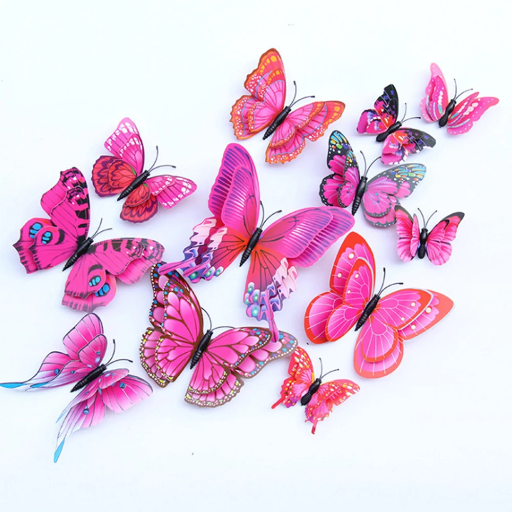 12Pcs Double Layer Butterfly Decal Art Wall Sticker Room Multicolor 3D Butterflies Home Decor DIY Magnet Fridge Wallpaper Decor