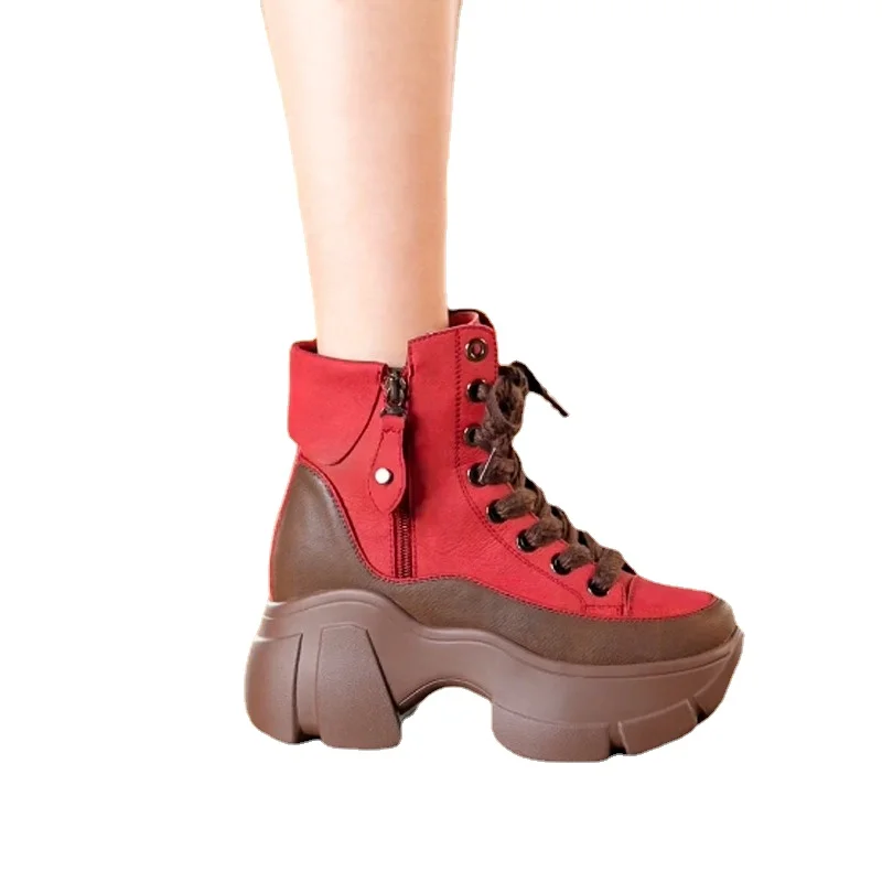 Trendy Contrasting Color Boots Women 2023 New Chunky Heel Platform Winter Women's Boots Autumn High-top Lace-up Sport Short Boot