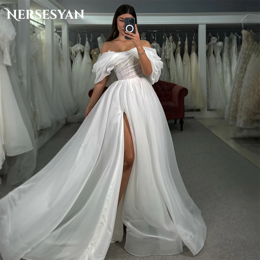 

Nersesyan Elegant Solid Wedding Dresses Off Shoulder A-Line High Side Slit Ruched Short Sleeves Bridal Gowns Backless Bride Gown