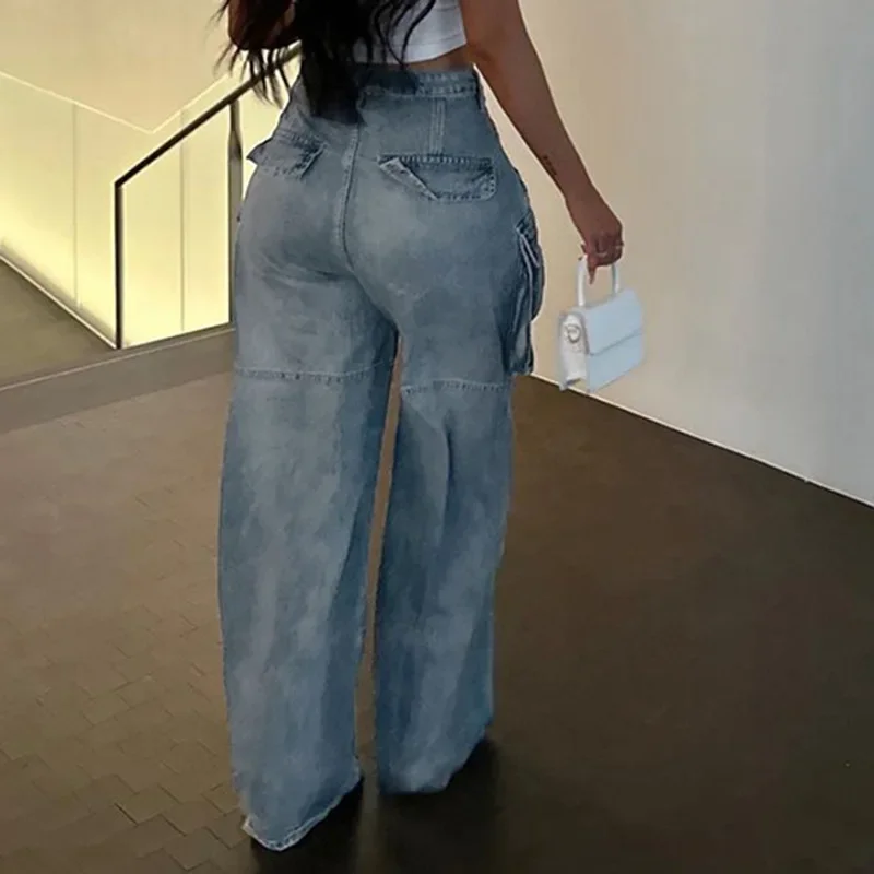 3D Pockets Hipster Baggy Cargo Jeans Pants Women Autumn High Waist Button Fly Zipper Casual Versatile Denim Trousers Streetwear