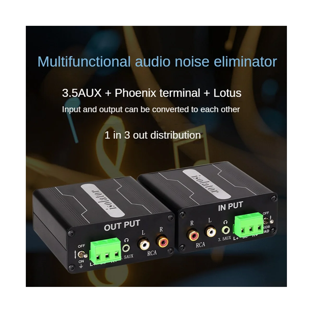 GX303 Multifunction Audio Isolator 3.5 AUX RCA Audio Signal Isolator Noise Filter Remover Ground Loop Noise