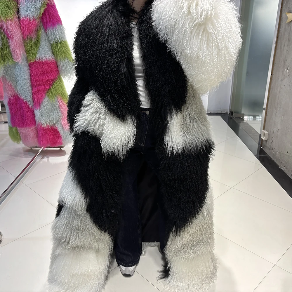 YOLOAgain 135-140cm Floor Length Mongolia Sheep Fur Coat Women Winter Warm Party Long Fur Coat Ladies Overcoat