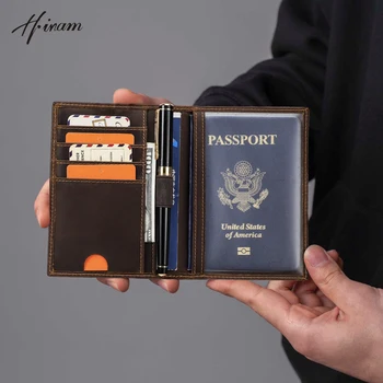 Porta passaporto retrò in pelle con blocco RFID per carte, portafoglio da viaggio, custodia organizer per documenti con 1 porta penna, per uomo e donna