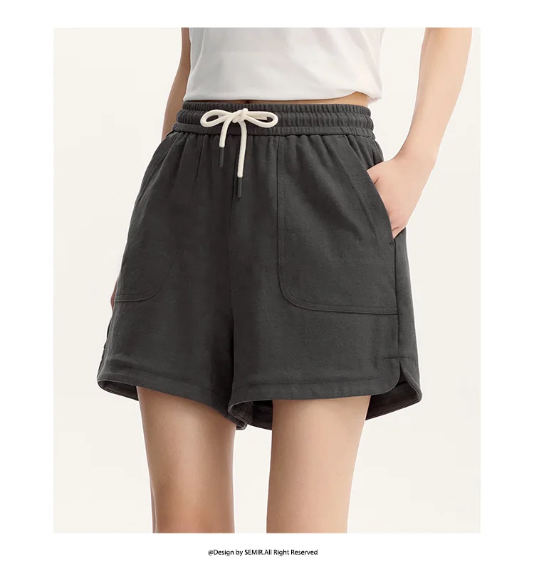 Semir Casual Trousers Women Elastic Waist Loose Straight-leg Trousers 2024 New Summer Version Split Textured Shorts