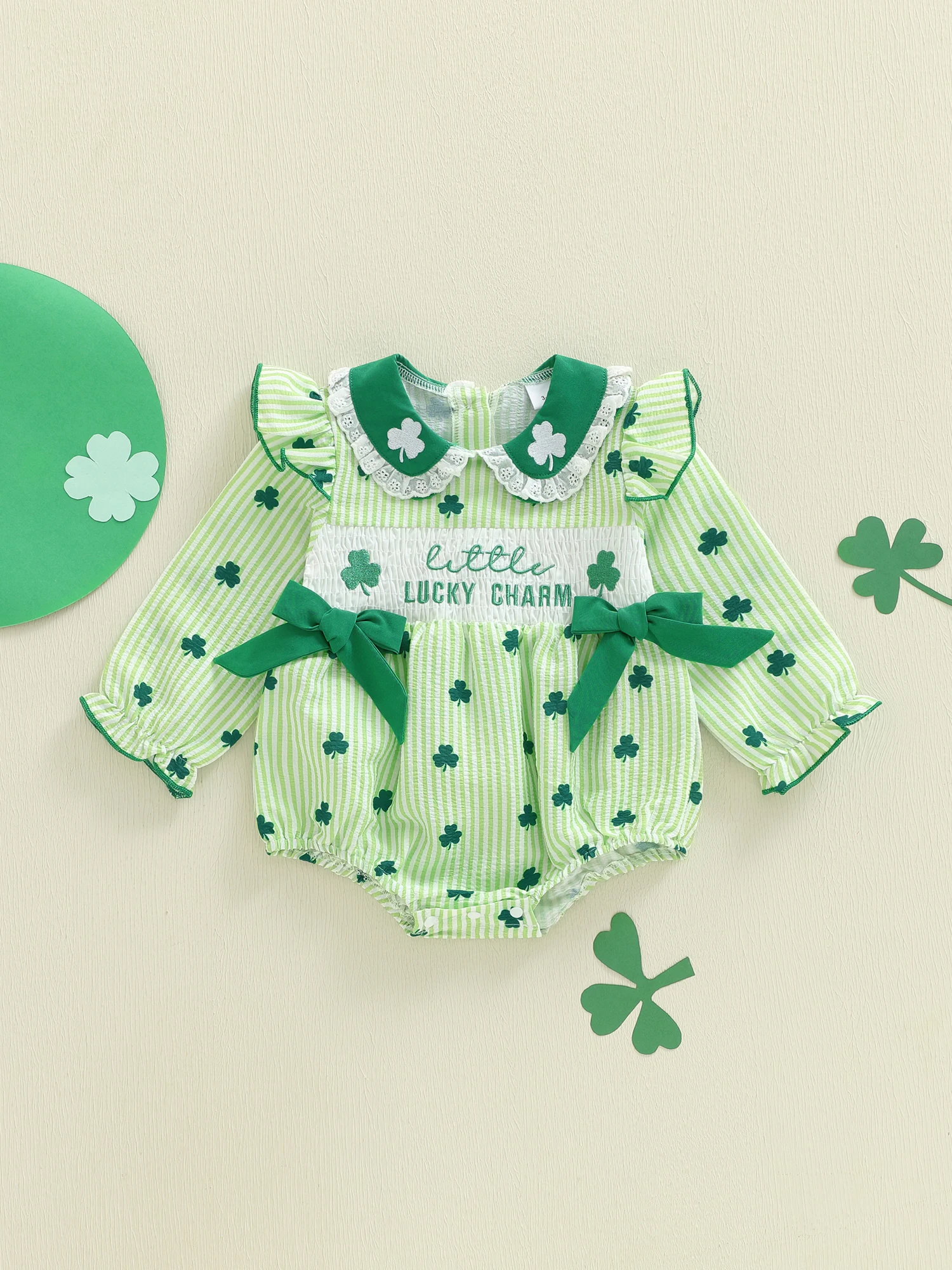 Infant Spring Jumpsuit Clover Pattern Lace-Edged Doll Collar  Suit with Ribbon Embellishments and Stripes