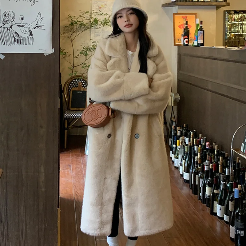 Women High-Quality Imitation Mink Fur Winter Thickening Coat Plus Size Long Faur Collar Overcoat Turn-Down Collar Loose Coat