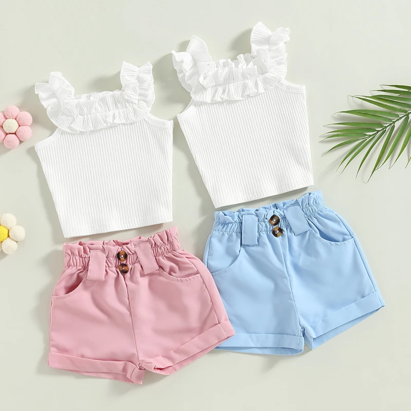 

Toddler Baby Girls Summer Outfits White Sleeveless Ruffle Ribbed Tanks Tops+Solid Color Button Shorts Holiday Clothes Sets
