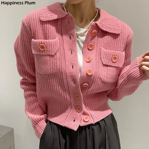 

Korea Autumn Winter Knitted Cardigan Chic Double Pockets Sweater Coat 2021 New Slim Waist Elegant Knitwear Jacket