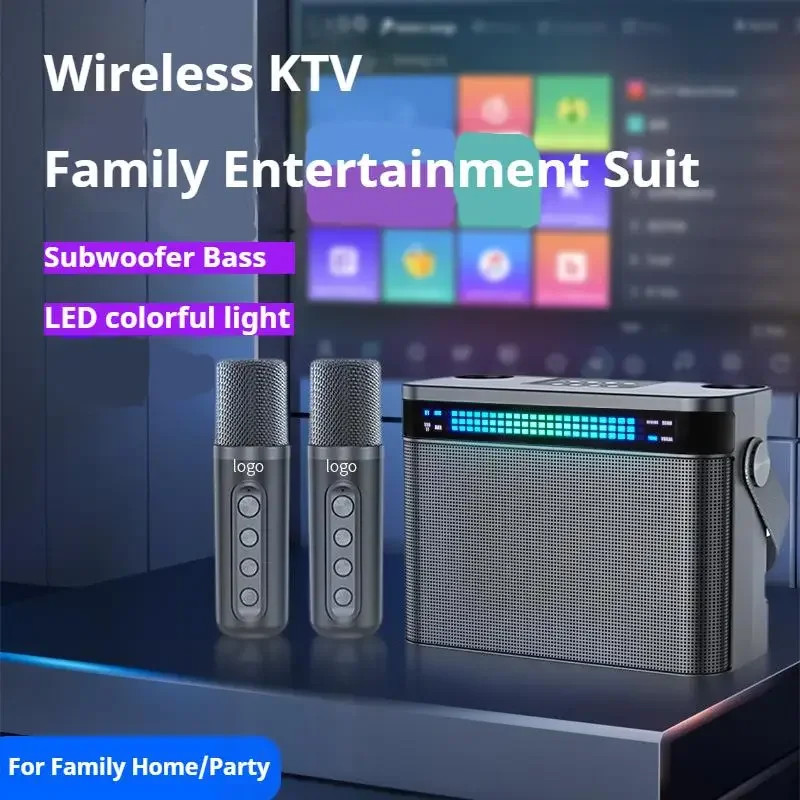 360° Karaoke Speaker with 2 Wireless Mics Colorful Party Lights Portable Bluetooth Machine for Home Family Singing