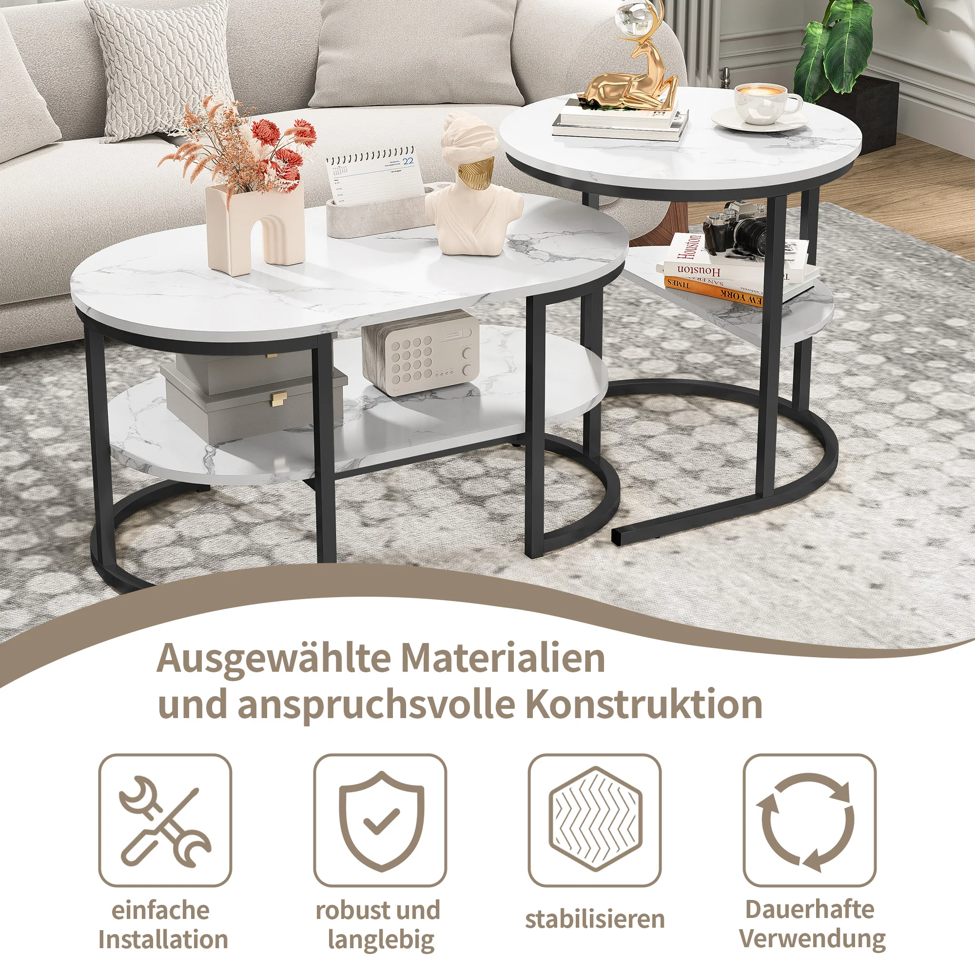 Rosahqnda 2er-Set Couchtische, Wohnzimmer-Beistelltische, Marmor-Look + Metallrahmen, Wohnzimmer-Sofatisch, moderner Couchtisch – Detail 35