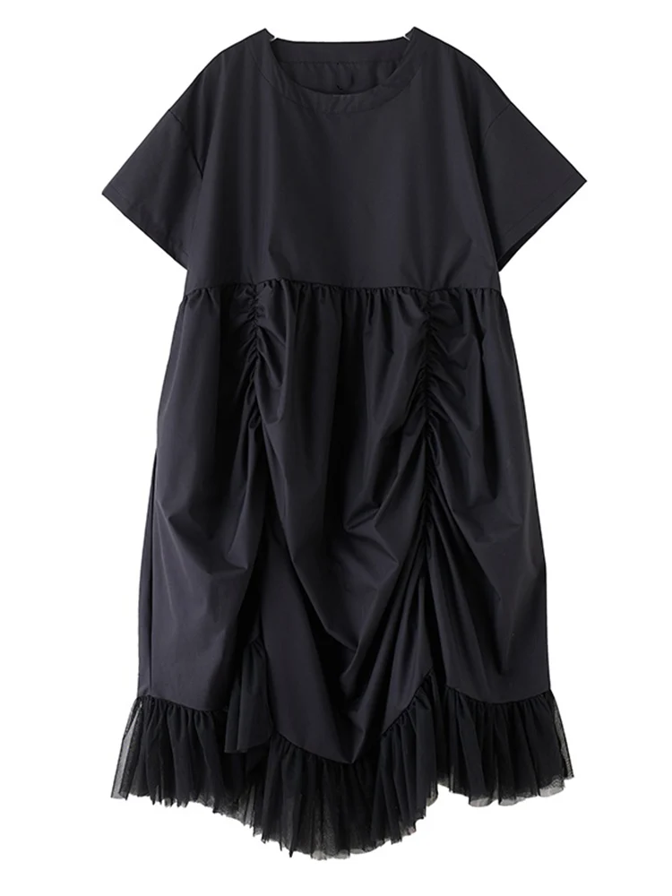 2025 Summer New Black Vintage Irregular Dresses For Women Fold Mesh Short Sleeves Loose Long Dress Elegant Fashion Clothing