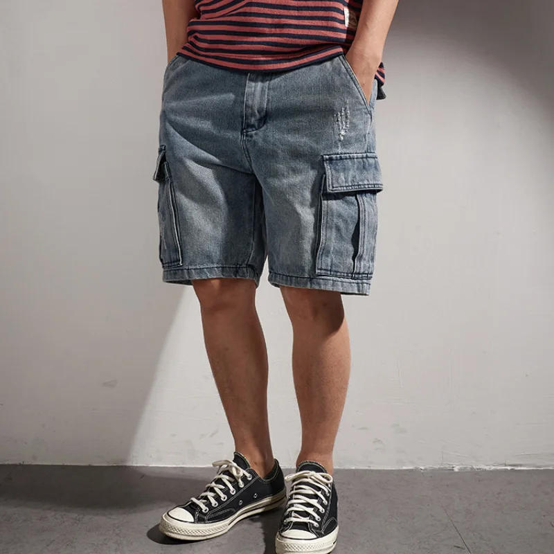 

tooling, Shorts for denim men's cat's whiskers, straight pants, old retro pants, versatile multi-bag pants.
