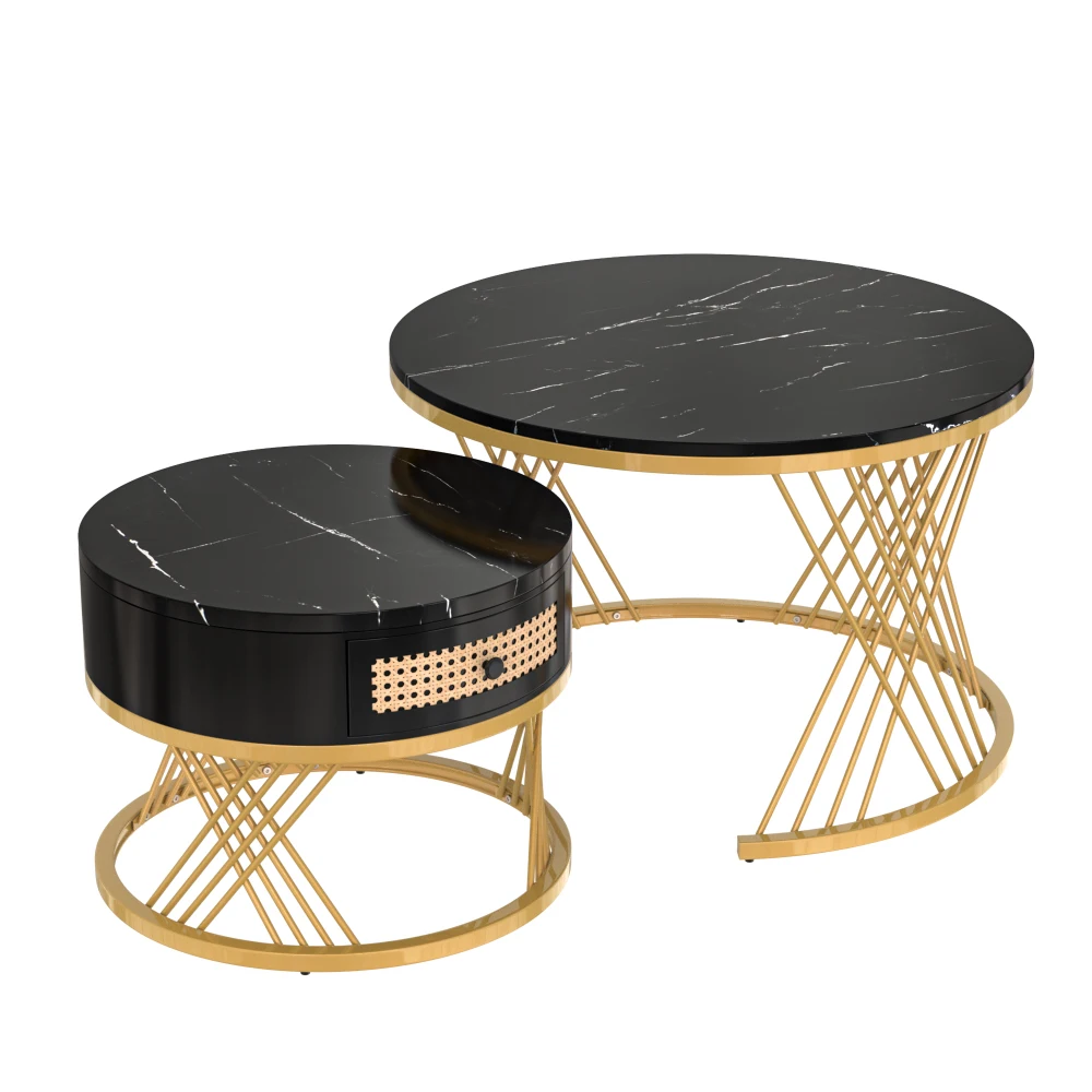 2-in-1 runder Couchtisch aus MDF, Beistelltisch mit Marmor-Arbeitsplatte und Schubladen aus Kunststoff-Rattan, Massivholzgriffe – Detail 24