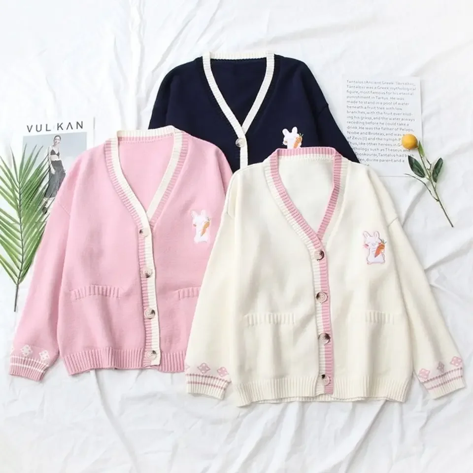 Korean Sweet Chic Women Sweaters Japanese V Neck Long Sleeve Cute Cardigans 2021 New Embroidery Cardigan