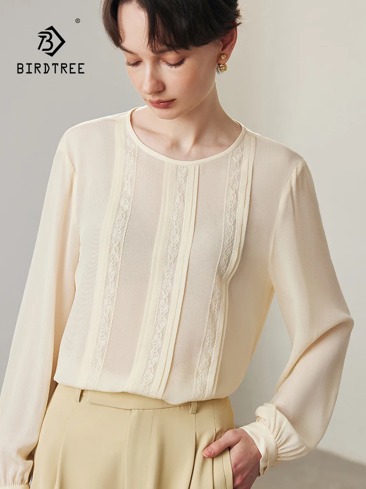 

BirdTree, 19MM 100%Real Silk Elegant Shirt, Women Long Sleeve Lace, Solid Versatile OL Commute Blouse, 2024 Spring New T43003QC