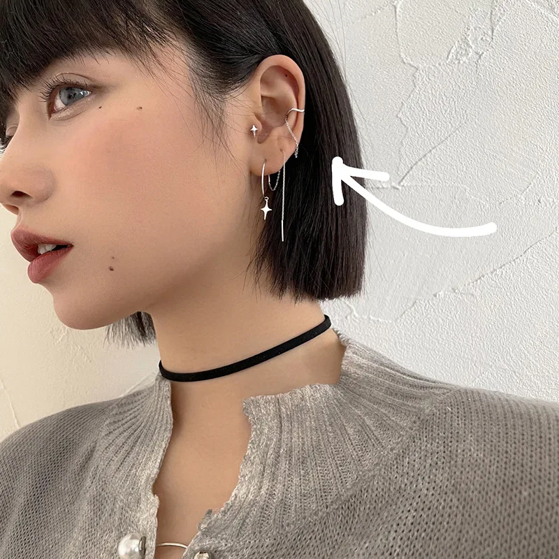 1Pcs Silver Color Fake Pierced Tassel Chain Ear Clip Without Hole Earrings For Women Geometry Irregular Ear Cuff Trend Jewelry ear clip earrings clip earrings ear clip