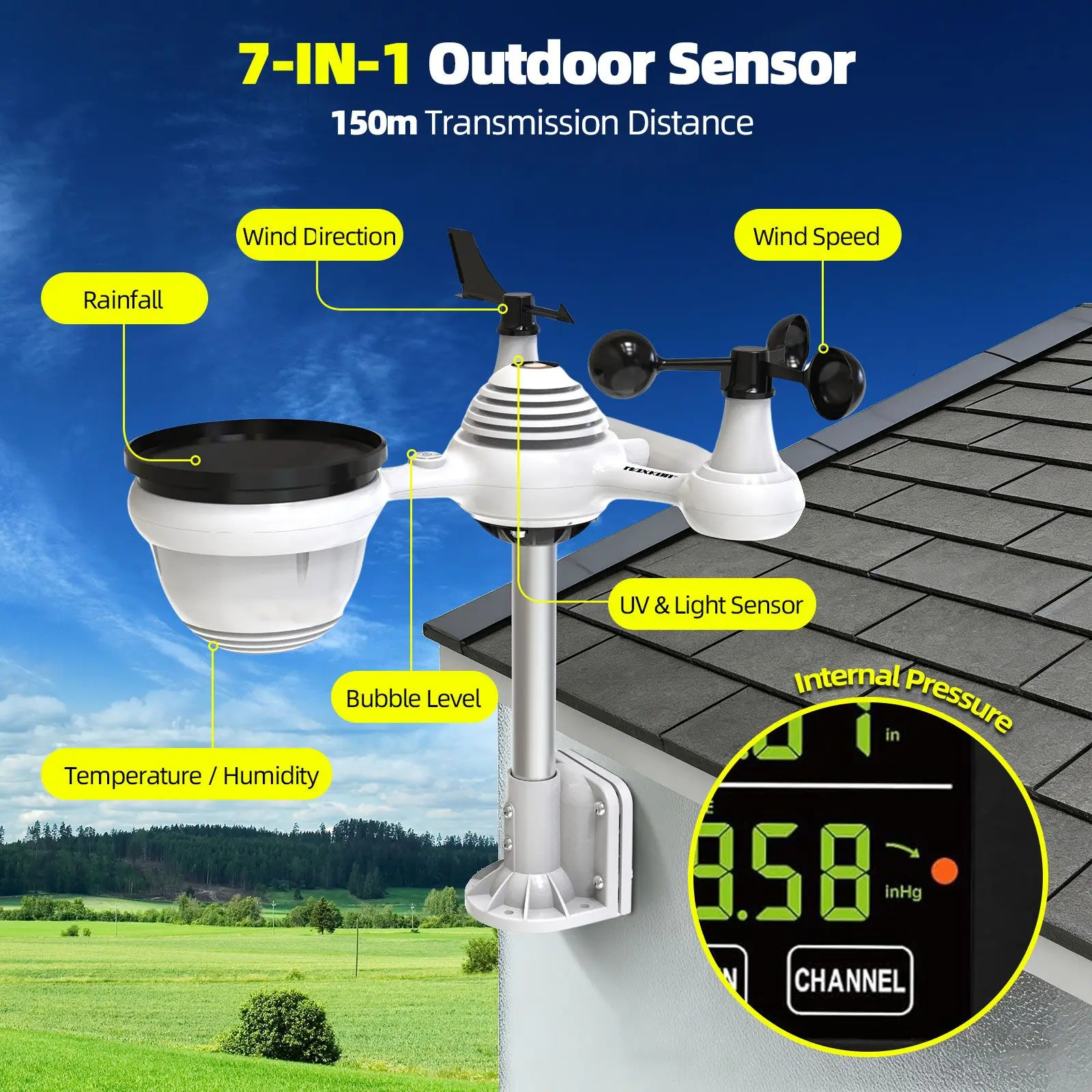 Maxkon 7 in 1 Wireless Weather Station Home Indoor Outdoor Sensor Temperature Humidity Rainfall Barometer Forecast Monitor