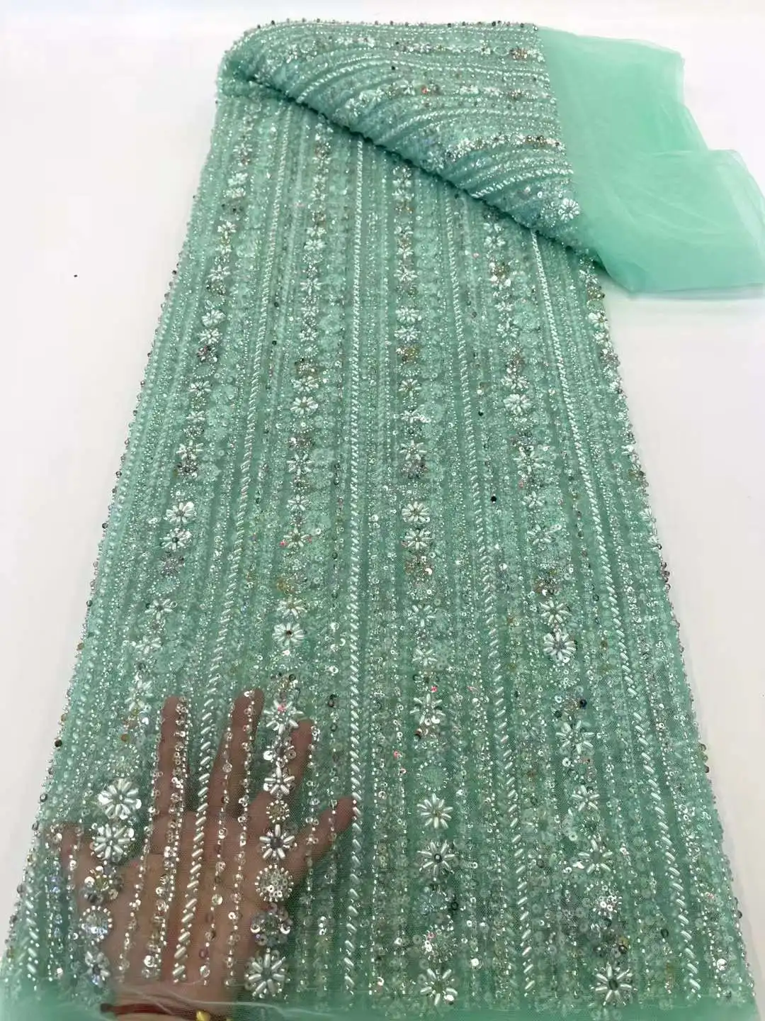 

Green Elegant Handmade Beads Embroidery French Tulle Lace Fabric For Party Nigerian Luxury Sequines Lace Fabric Wedding Dress Xc