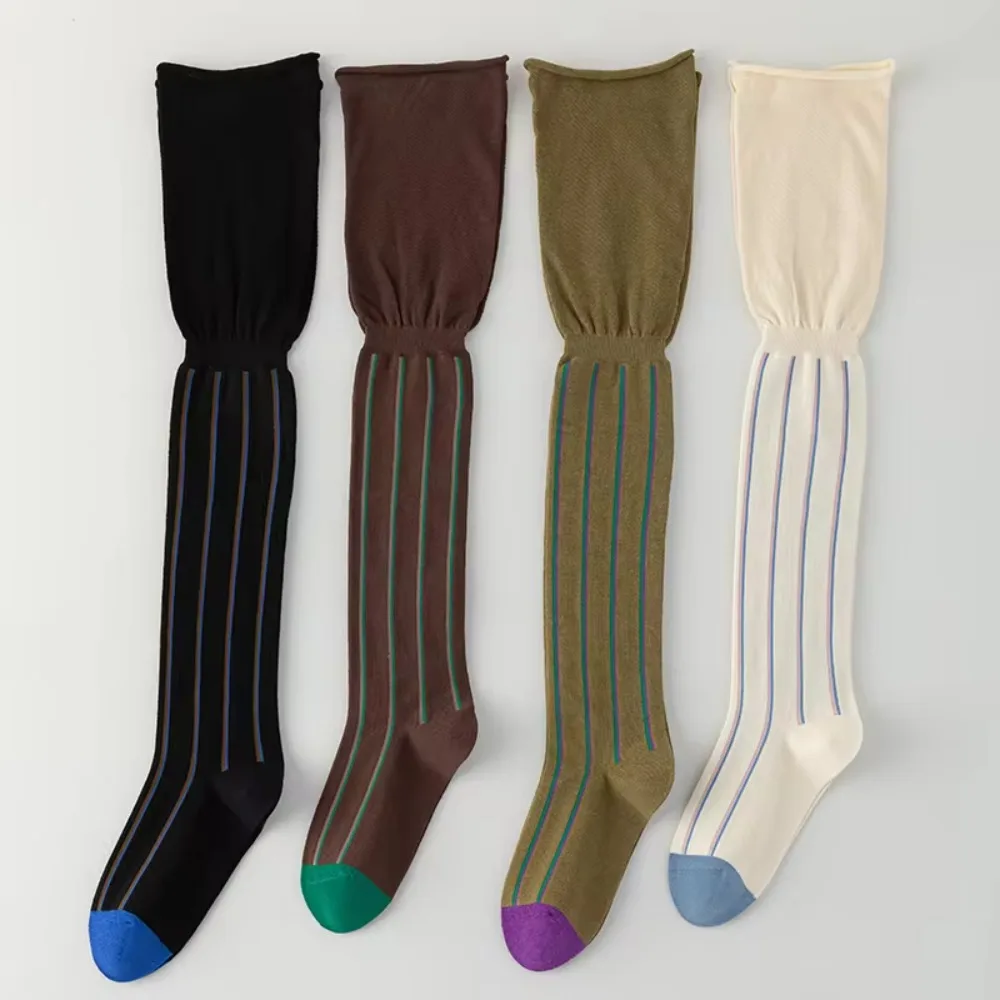 Lässige vertikale Streifen über Kniestrümpfe, hohe Oberschenkelstrümpfe, reine Baumwolle, warme Leggings für Damen – Detail 8
