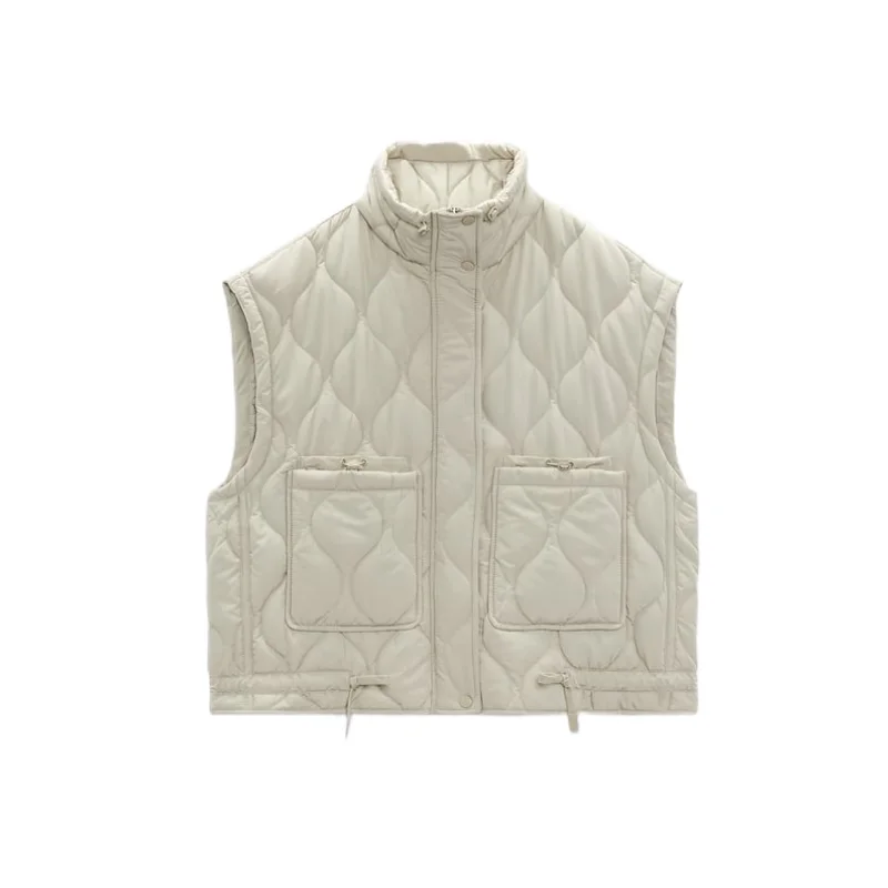 Femmes automne nouveau Patch poche col montant sans manches rembourré gilet manteau chaud coton réservoir manteau femme rembourré gilet_voghion.com