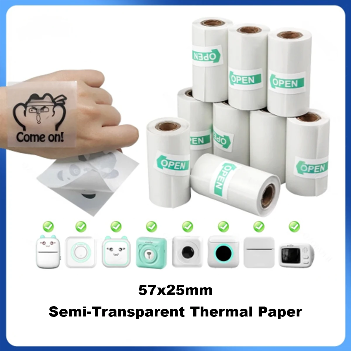 Mini impressora papel translúcido, rolo de papel de impressão autoadesivo, térmico direto, 57*25mm