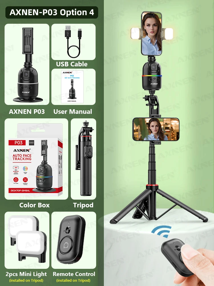 Treppiede per rilevamento automatico del viso, rotazione di 360 gradi, supporto per fotocamera per telefono, supporto per telefono cellulare per foto, supporto per monitoraggio automatico a batteria