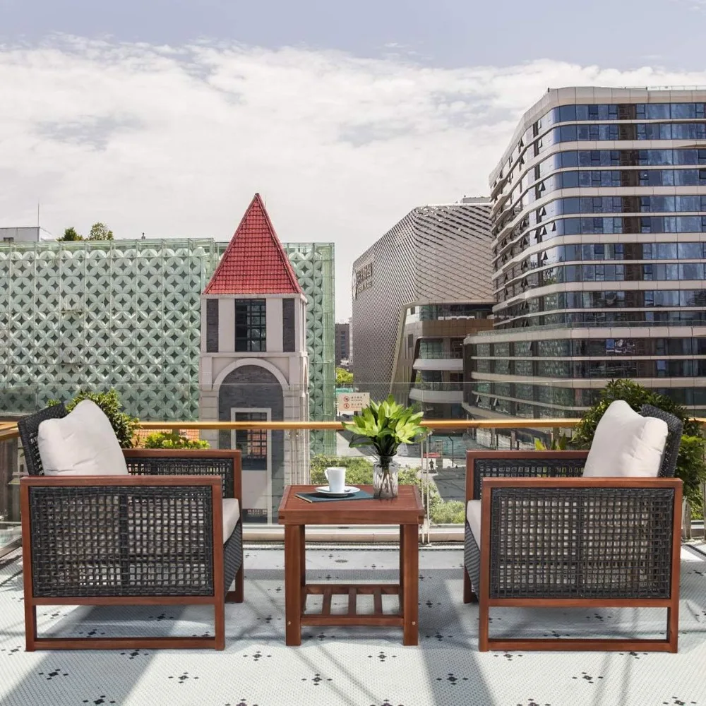 3 Pieces Patio Wicker Furniture Set, Rattan Outdoor Sofa Set w/Washable Cushion & Acacia Wood Coffee Table, Conversation Bistro