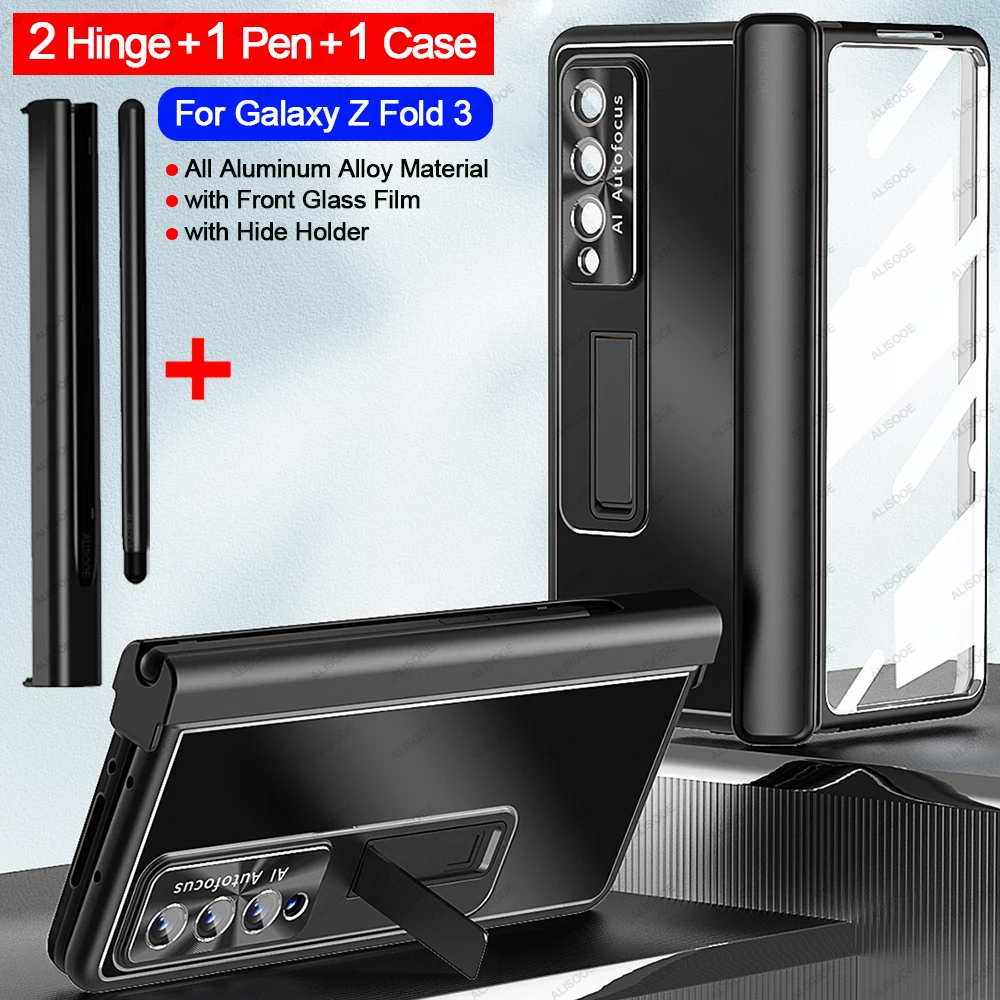 

with Touch Pen For Samsung Galaxy Z Fold 4 3 5G Case 2 PCS Hinge Pen Slot Front Screen Glass Stand Aluminum Alloy Z Fold3 Cover
