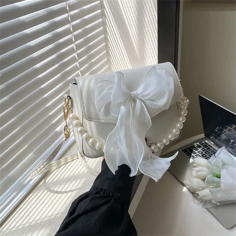 Pearl Lace Bow Collocation PU Leather Small Bags for Women Daily Use Handbag Shoulder Cross Body Bags, Teen Girls Phone Pouch