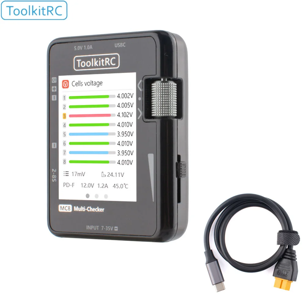 

ToolkitRC MC8 Mini Size Cell checker 32 Bit Battery Multi-Checker PWM Output PPM SBUS Readout With USB-C Fast Charging