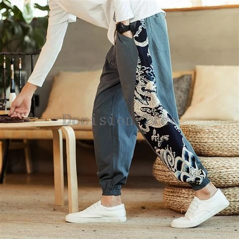 summer men chinese ethnic style tang suit pants exquisite dragon embroidery cotton linen trousers loose casual wushu pants