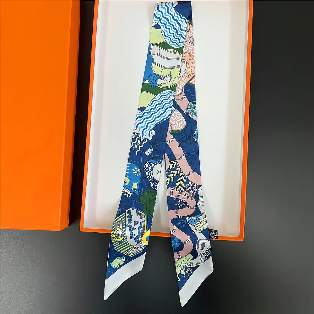2024 New Luxury Polyester Silk Scarf Underwater World Print Women's All Seasons Decorative Thin Scarf Scarf Headband 90*5cm 2