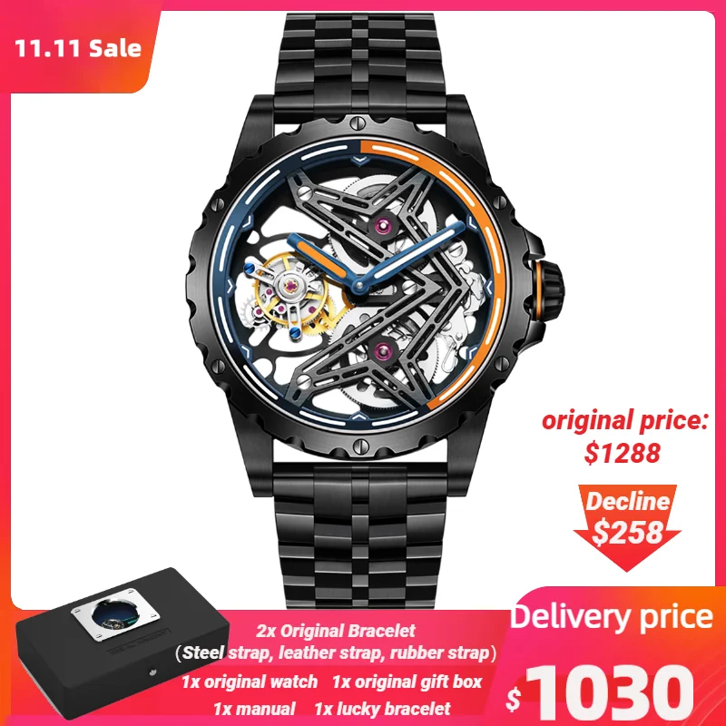 Ideal Knight Tourbillon Watch for Men Automatic Self-winding Wristwatch 44mm Big Dial Sapphire Mirror Men Wristwatch(Great wall)