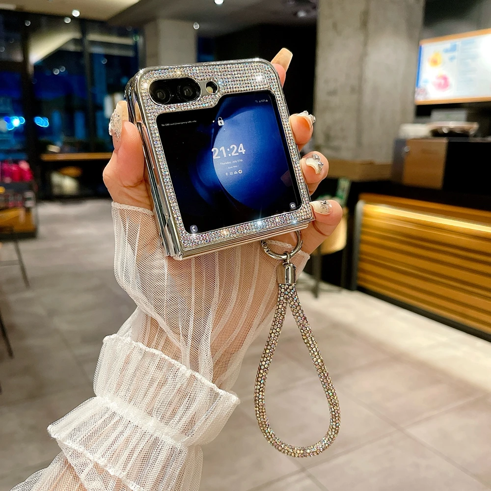 Glitter Diamond Wrist Chain Case for Samsung Galaxy Z Flip 6 5 4 3 flip6 Zflip Bracelet Bling Rhinestone Shockproof Hard Cover phone case phone case chain