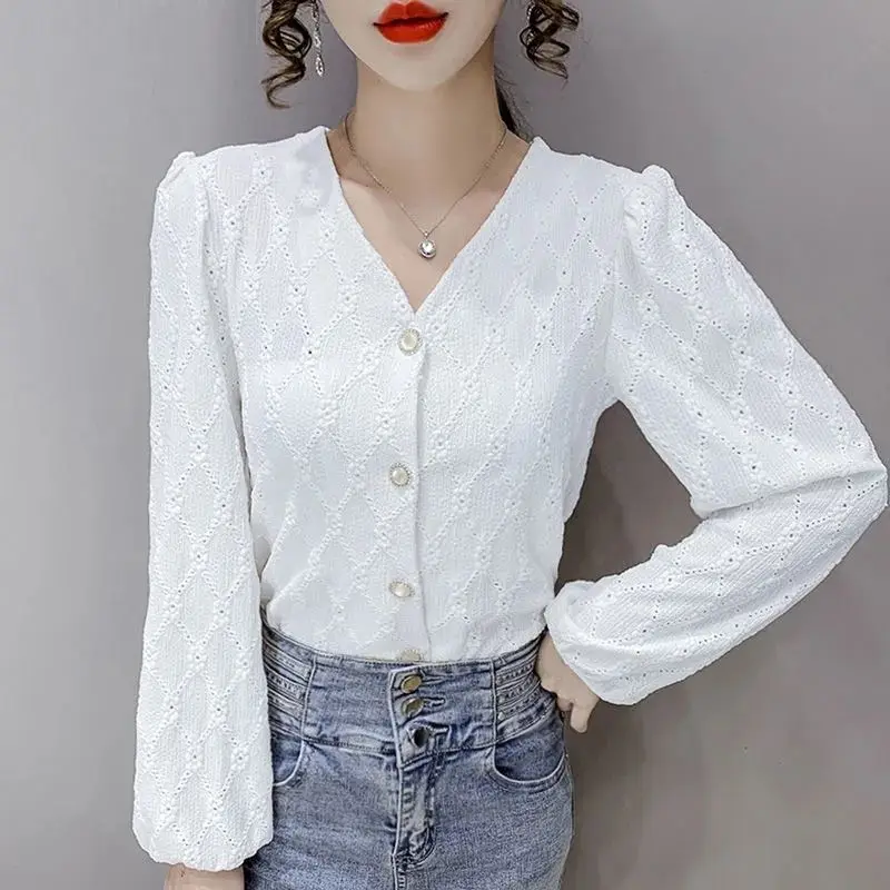 White Blouse Women Summer Autumn V-neck Embroidery Long Sleeve Shirt Cardigan Designer Clothing Tops Kawaii Student Shirts New