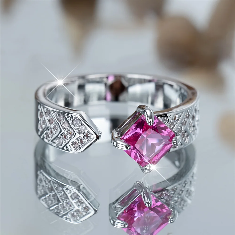 Charm Female Rose Red Square Stone Adjustable Open Ring Silver Color Cute Gift Wedding Jewelry For Women