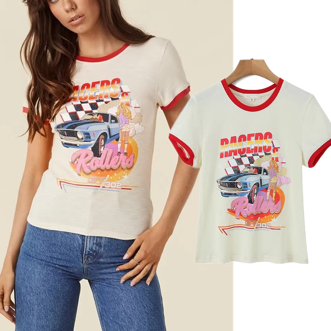 

Dave&Di High Street Retro Car Cartoon Printing Round Tshirts Women Neck Tops Fashion Cotton Summer