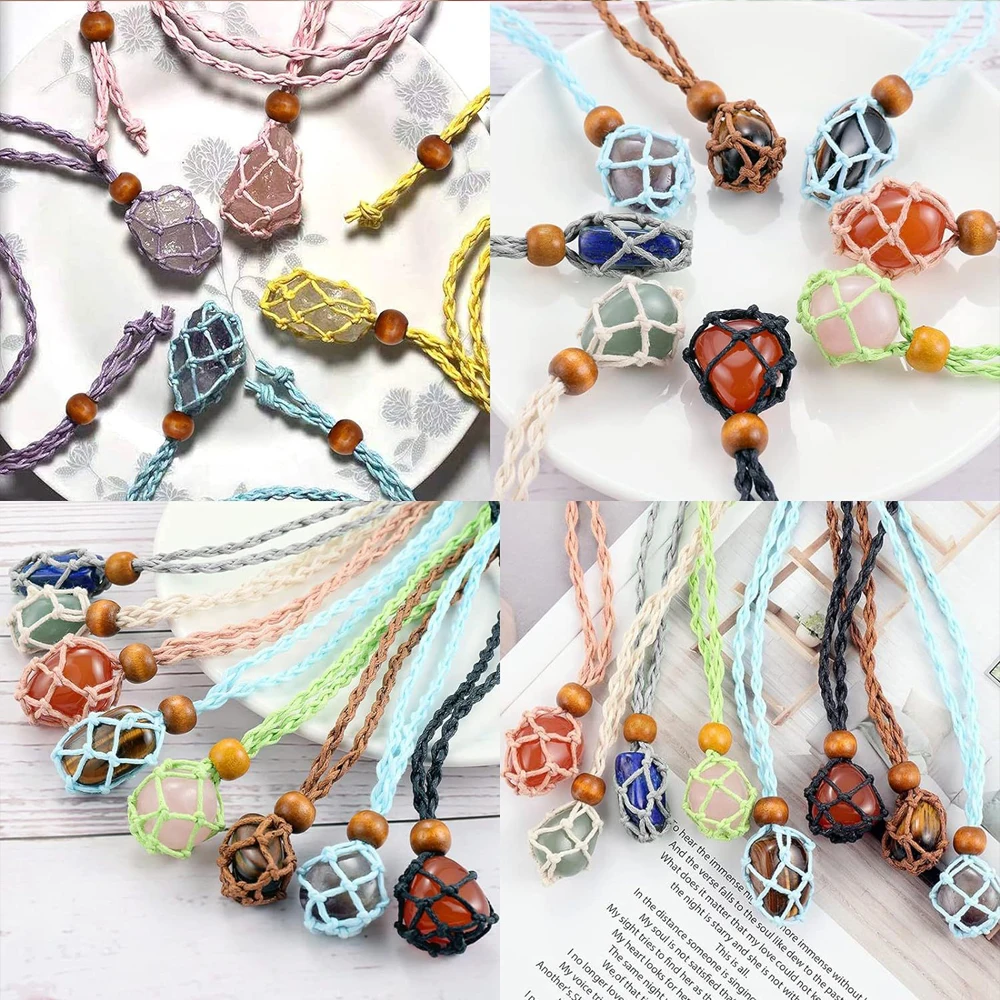 Wholesale Natural Semi Precious Crystal Raw Stone X10PCS DIY Making Woven Color Mesh Bag Necklace Chain X10PCS, Total of 20 Pcs