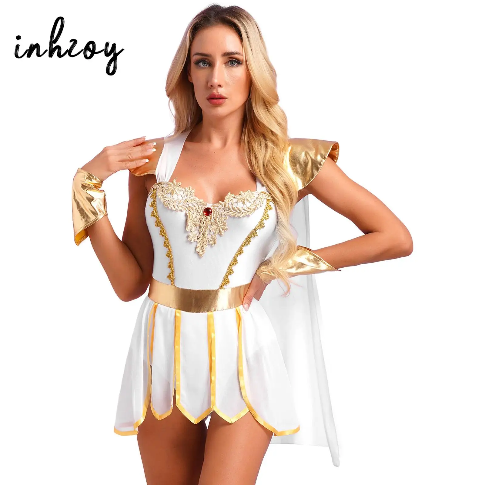 

Womens Halloween Ancient Roman Empress Toga Costume Mythology Cosplay Greek God Fancy Dress Petal Skirt Bodysuit with Wristbands