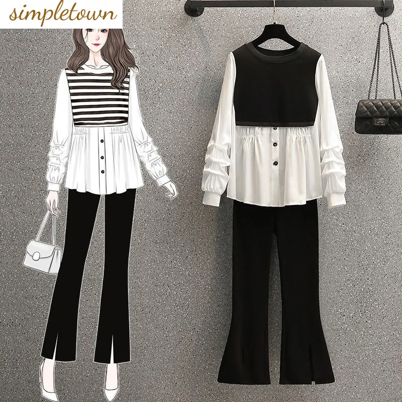 Stripe Stitching Pleated Chiffon Shirt Casual Wide Leg Pants Two-piece Elegant Women's Pants Set Street Casual Outfits [puma] official puma evo stripe pants 58916002