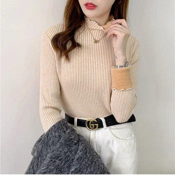 الشتاء الياقة المدورة سترة تريكو المرأة أنيقة رشاقته المخملية اصطف البلوزات الدافئة بلوفر مغزول سليم القمم جيرسي البلوز جديد 6