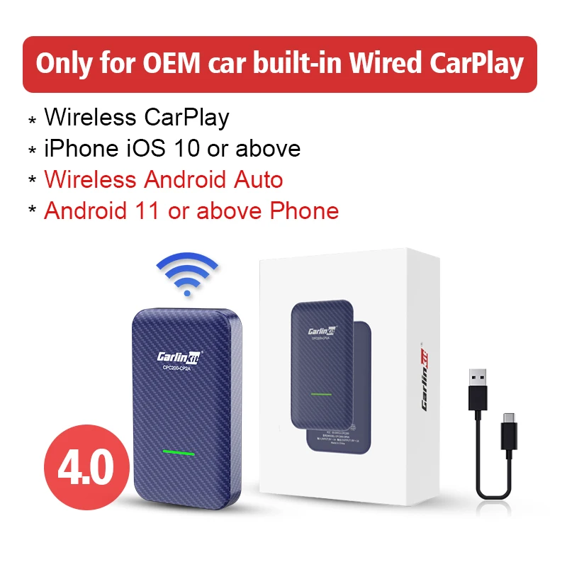  CarlinKit 4.0 Wireless CarPlay Adapter-Android Auto Wireless  Adapter Only for Built-in Wired CarPlay Car, for Android Phones and iPhones  iOS, Wired CarPlay to Wireless Android Auto & Wireless CarPlay : Electronics