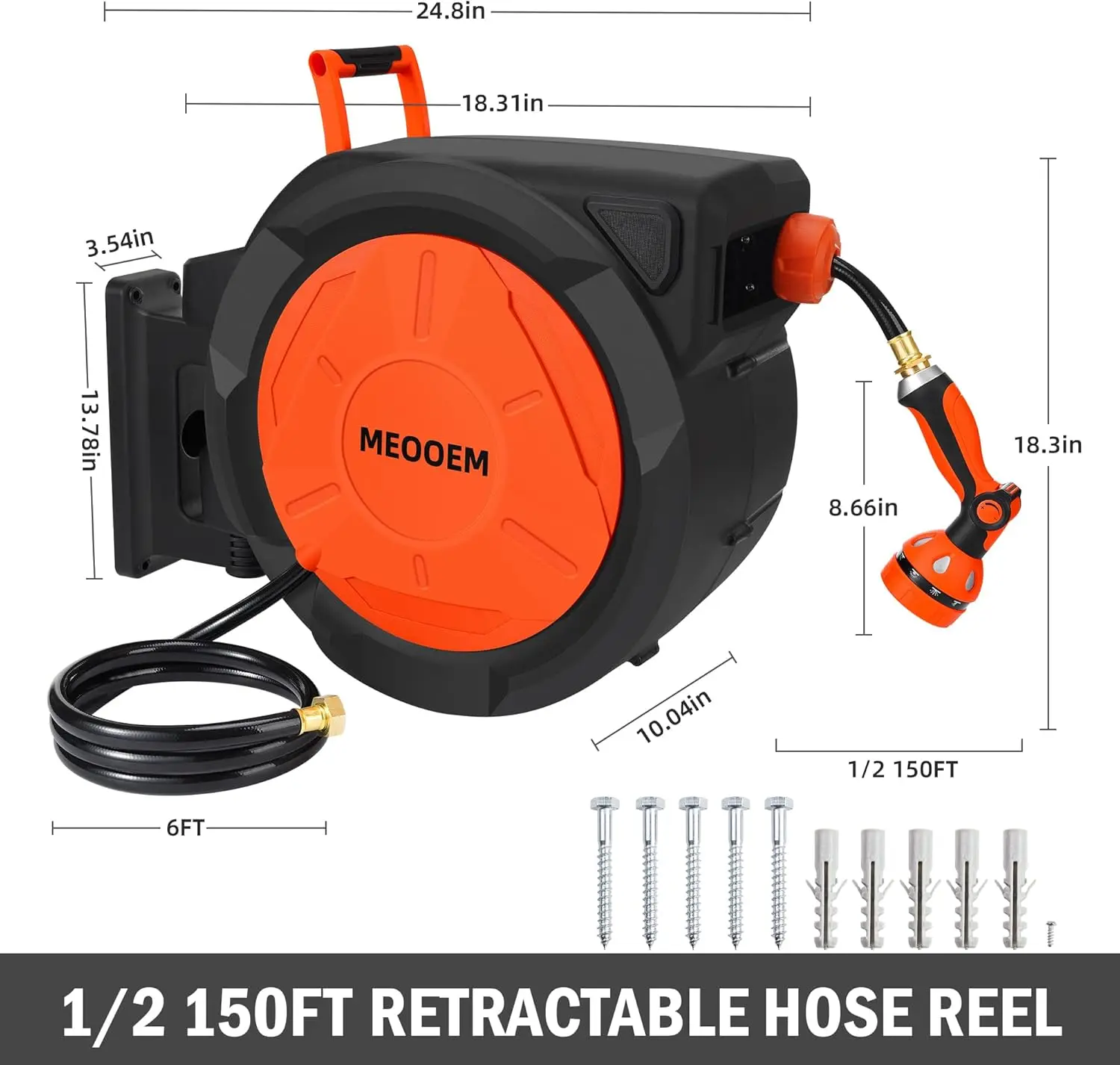 1/2 Inch 150FT Retractable Garden Hose Reel Wall Mounted Heavy Duty, 10 Pattern Nozzle & 180°Swivel Bracket, Automatic Rewind
