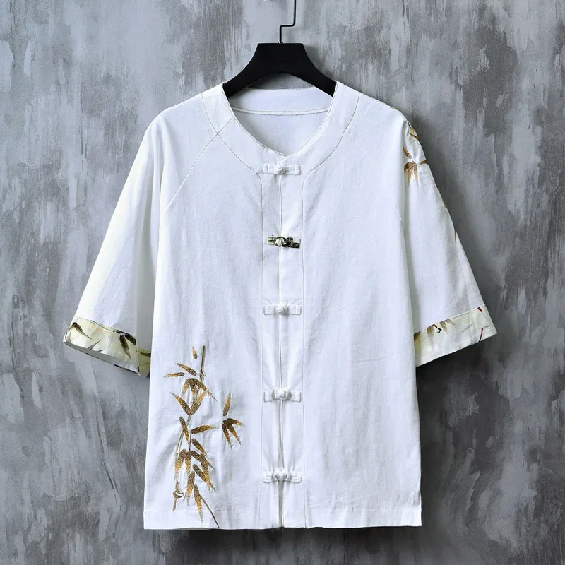

Chinese Round Button Linen Shirt Men's Summer Bamboo Leaves Embroidered Tang Tops Loose Large Size T-shirt Japanese Kimono