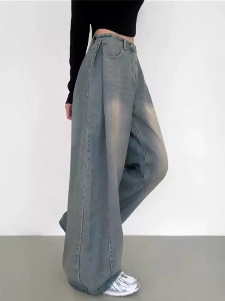 Chic High Waist Straight Leg Jeans Women's Autumn Winter Casual Loose Fit Torn Side S Distred Denim Pants