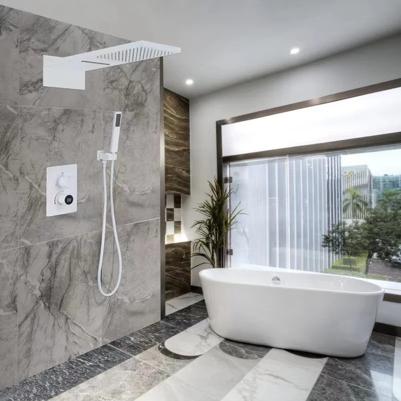 Black Concealed Waterfall LED Digital Display Bathroom Shower Faucet Set Wall Mount Rain Bath Shower System Shower Bathtub Mixer