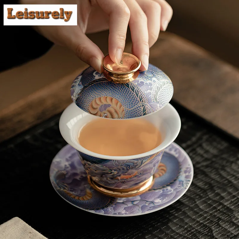 130ML Sheep Fat Jade Porcelain Gaiwan Enamel Colored Blue And White Dragon Palace Tea Tureen Tea Brewing Cover Bowl Tableware