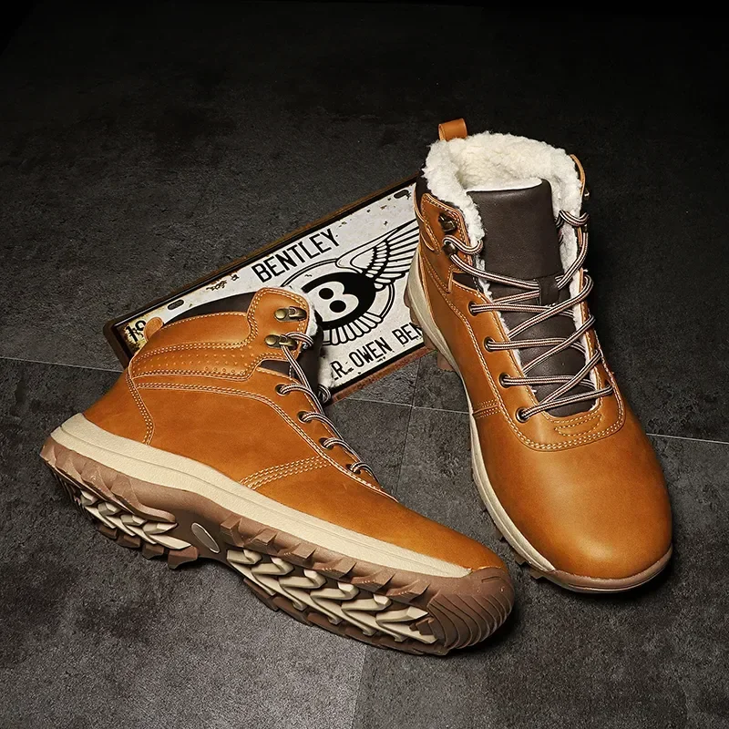 Winter Warm Men Boots Genuine Leather Fur Plus Men Snow Boots Handmade Waterproof Working Ankle Boots High Top Men Shoes
